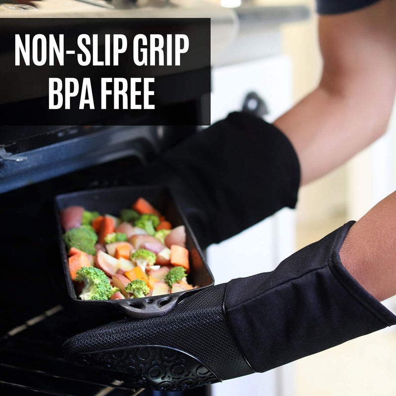 HOMWE طقم قفازات فرن وواقيات حرارة من السيليكون الناعم خالي من BPA مكون من 4 قطع - قفازات فرن مقاومة للحرارة العالية مع بطانة قطن سميك - حوامل أواني طويلة مقاومة للانزلاق، قفازات فرن مرنة - أزرق ملكي - Image 2
